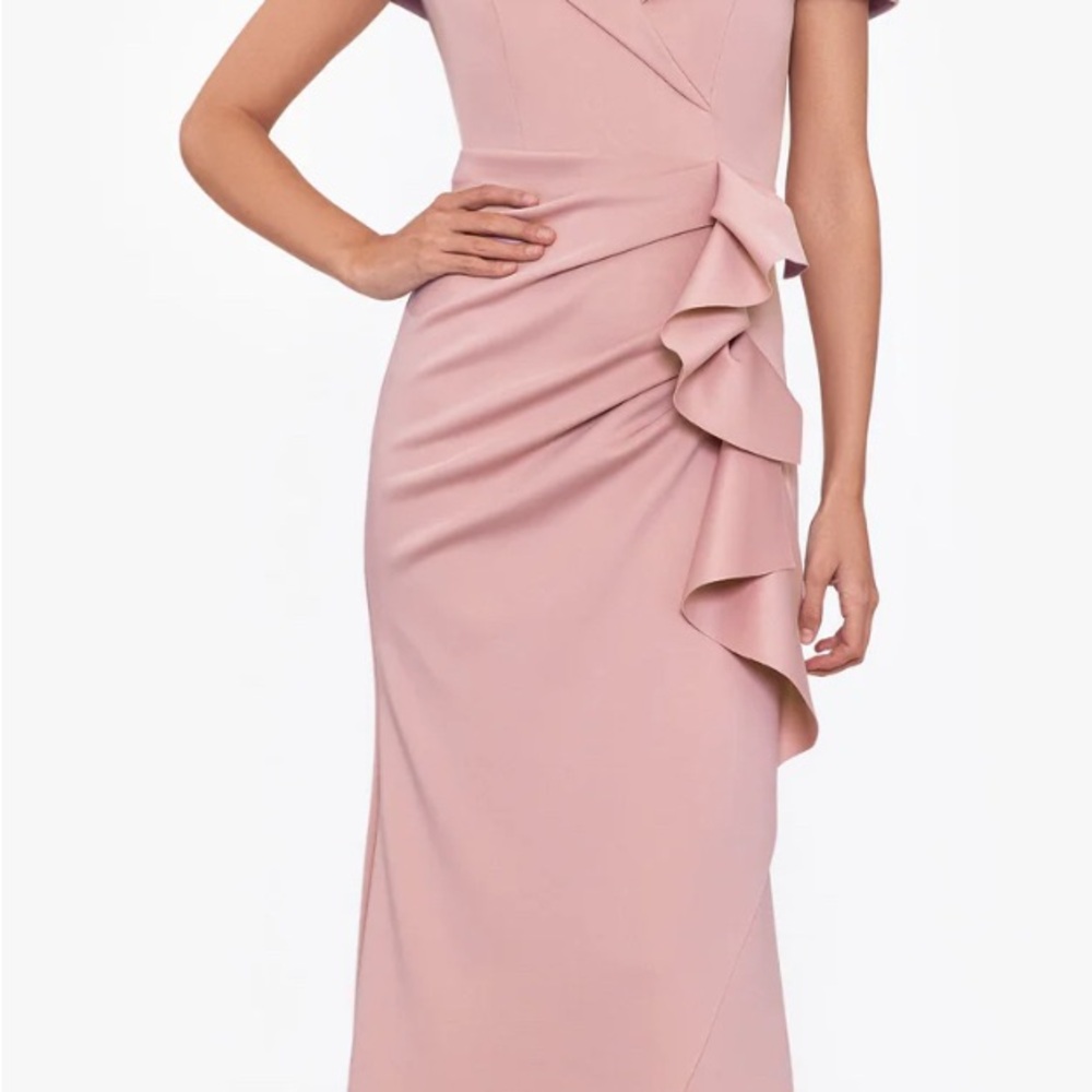 "PATTI" LONG OFF THE SHOULDER SCUBA CREPE DRESS